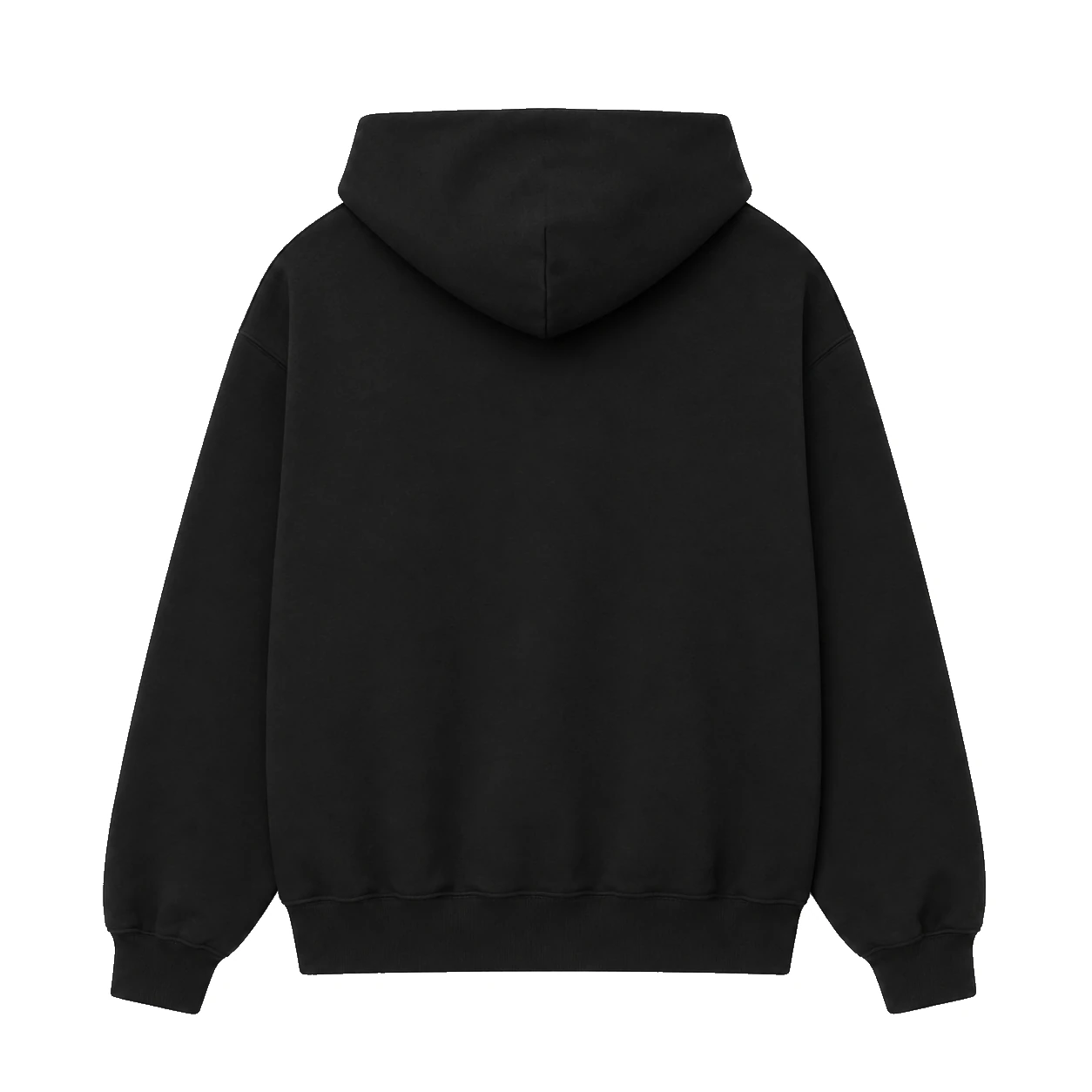 black hoodie, Premium Zip Hoodie product photo on studio background, back view