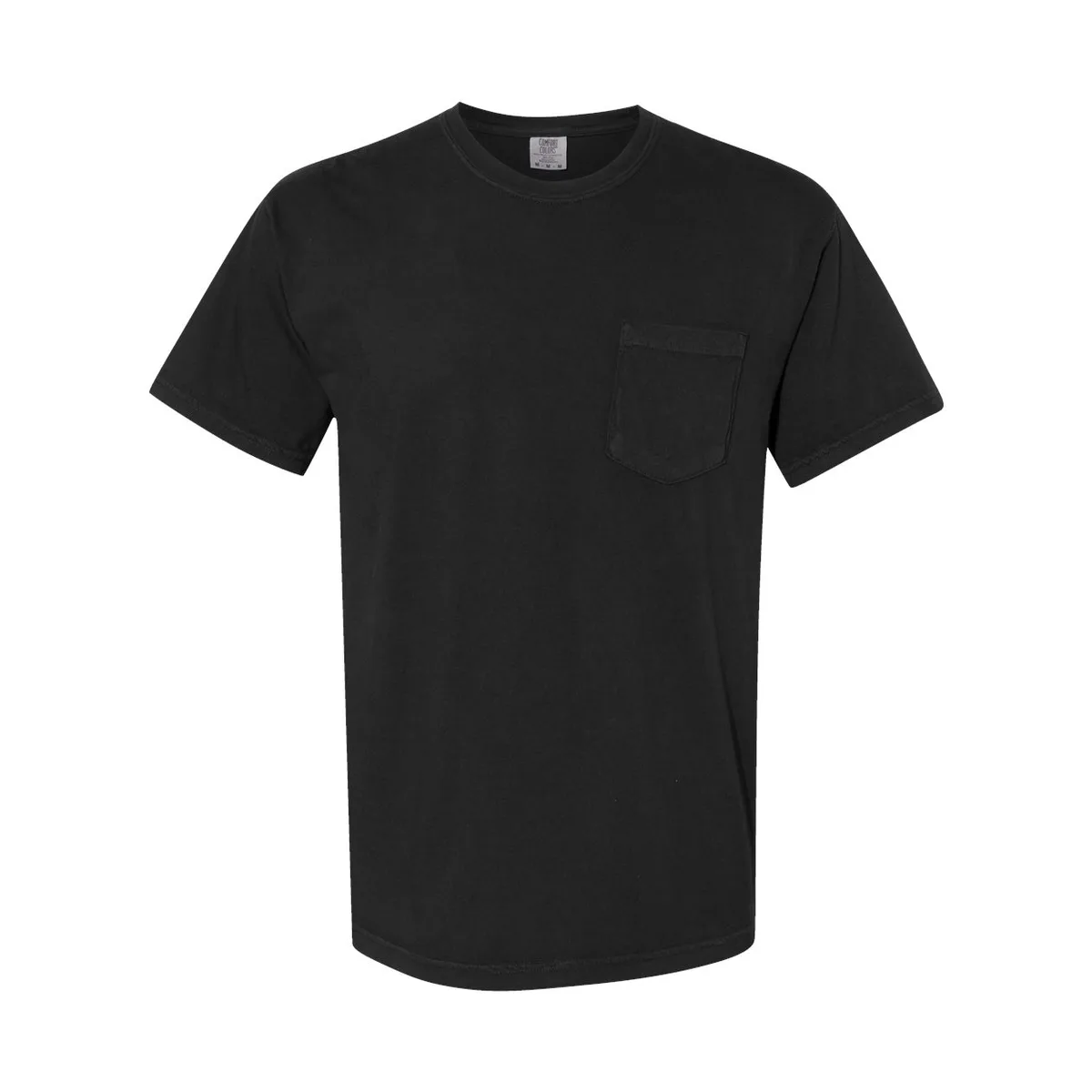 black t-shirt, 205GSM Garment-Dyed Pocket Tee product photo on studio background