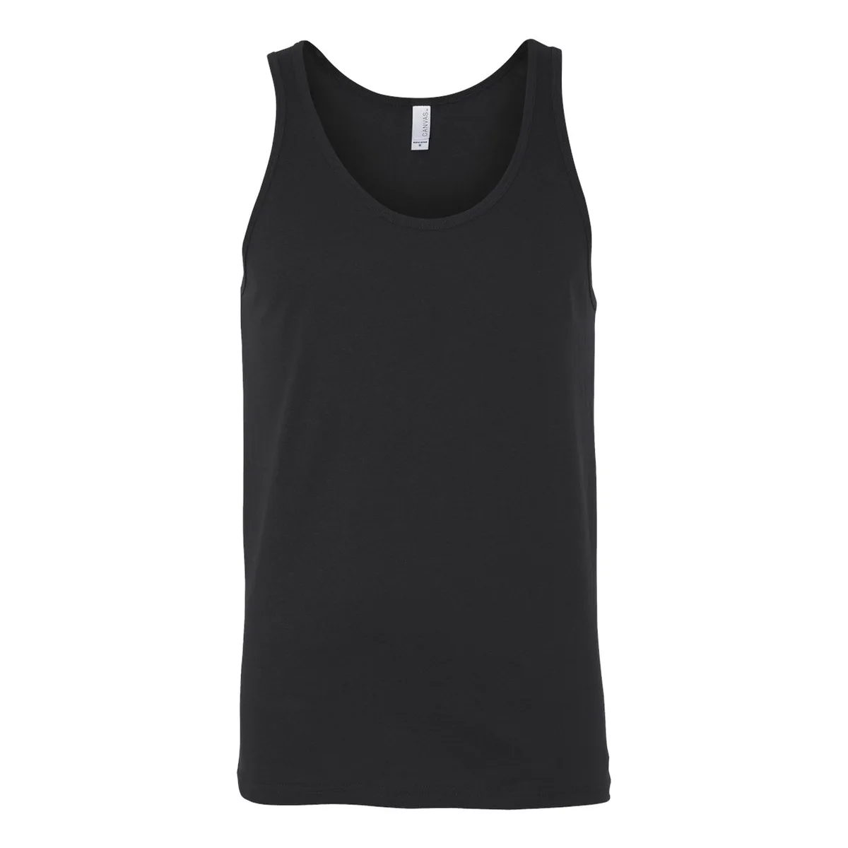black tank top, 140GSM Jersey Tank product photo on studio background