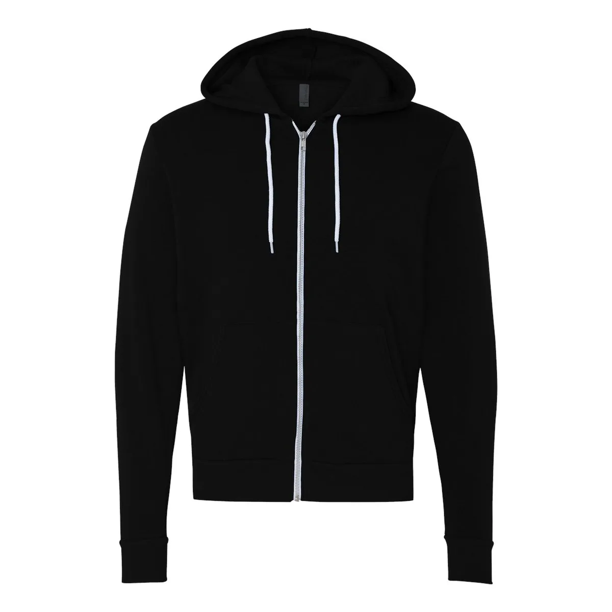 black hoodie, 270GSM Soft Fleece Zip Hoodie product photo on studio background
