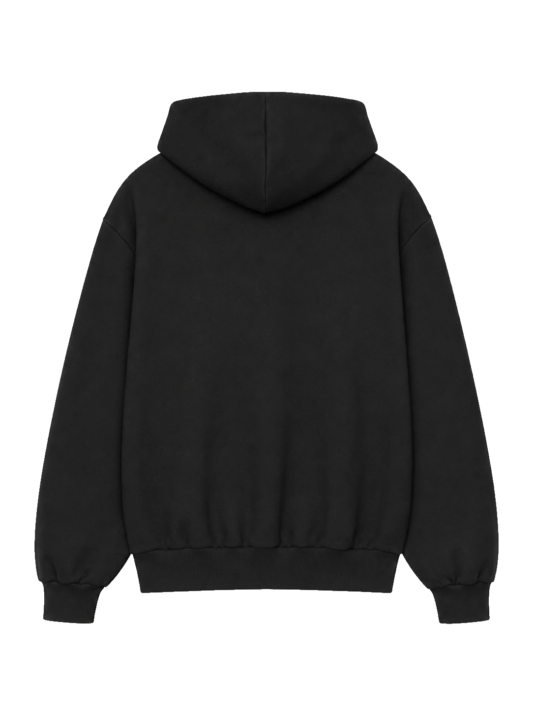 black hoodie, Zip Hoodie product photo on studio background, back view
